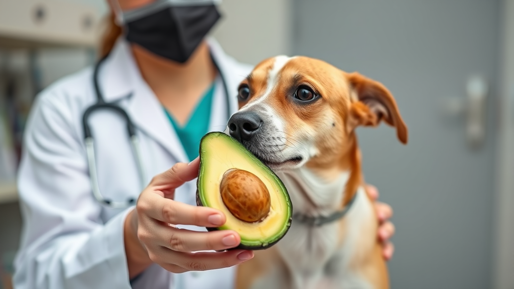 Veterinarian examining healthy dog while holding avocado half, professional clinic setting, no text no words no letters