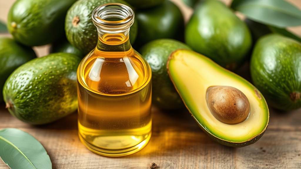 Golden avocado oil in glass bottle next to fresh green avocados on wooden surface, natural lighting, no text no words no letters