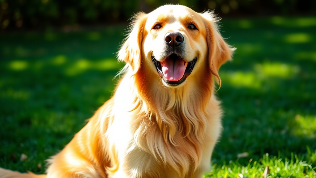 Happy healthy golden retriever with shiny coat sitting outdoors in sunlight, vibrant green background, no text no words no letters