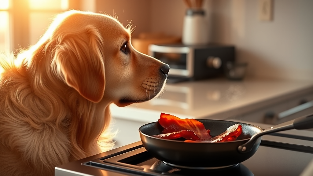 Golden retriever looking longingly at sizzling bacon in kitchen pan, warm morning lighting, no text no words no letters