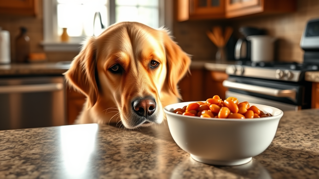 Golden retriever looking curiously at bowl of baked beans on kitchen counter, warm lighting, no text no words no letters