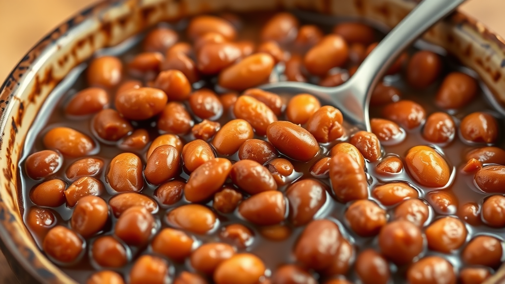 Close up of baked beans in rustic ceramic bowl with wooden spoon, natural lighting, no text no words no letters