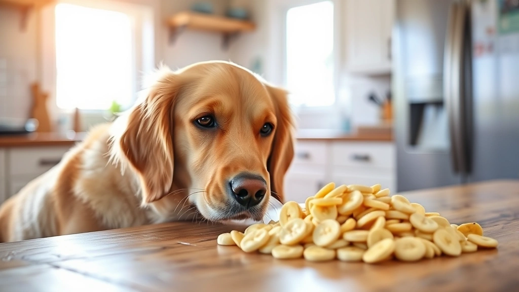 Golden retriever looking at pile of banana chips on wooden table, curious expression, sunlit kitchen background