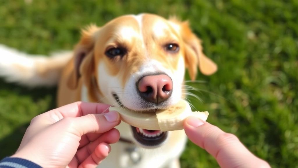 Dog eating fresh banana slice from owner's hand outdoors, happy expression, natural sunlight, green grass background