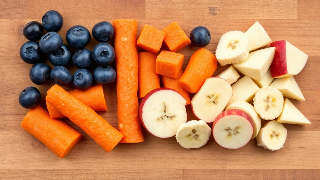 Healthy dog treats arranged on a wooden surface including blueberries, carrot pieces, apple slices, and banana chunks without peels, appetizing presentation