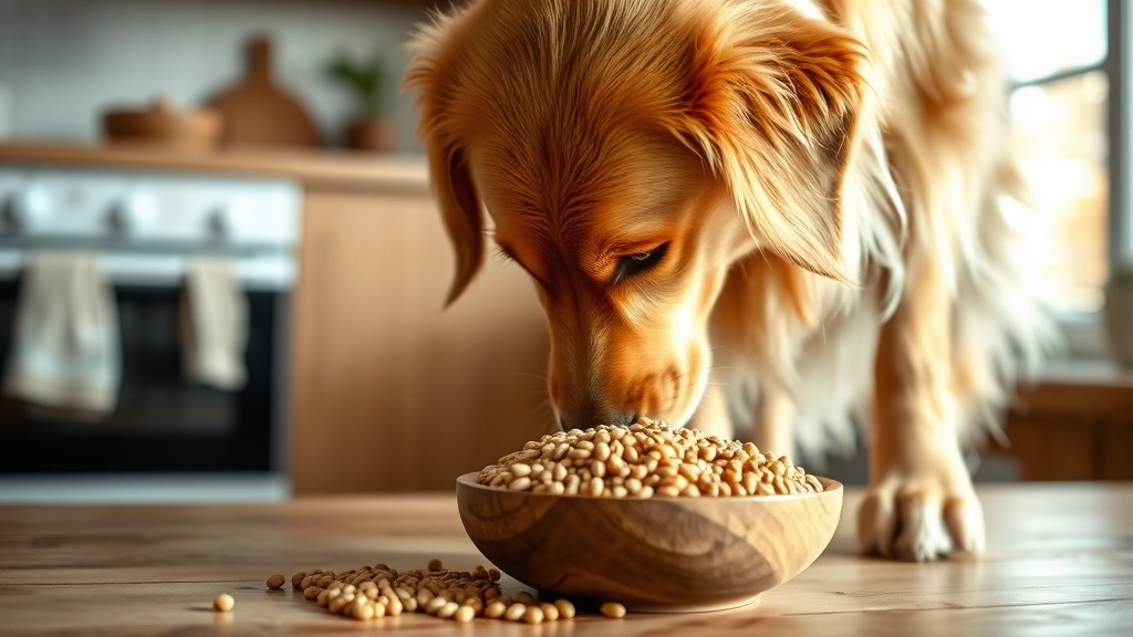 Golden Retriever sniffing at a wooden bowl filled with cooked barley grains, indoor kitchen setting with soft natural lighting