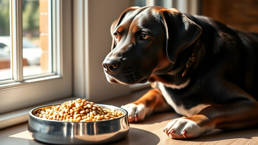 Labrador dog sitting attentively next to a food bowl containing mixed barley and vegetables, bright daylight from window