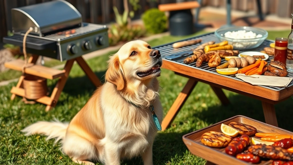 Golden retriever sitting on grass near a picnic table with grilled meat and vegetables, looking up with interest, sunny backyard barbecue setting