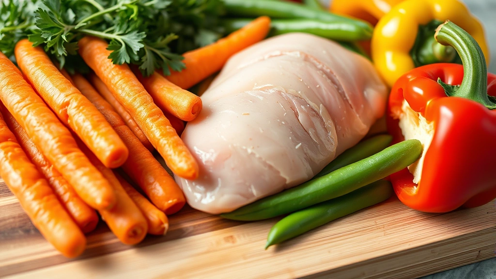 Close-up of various fresh ingredients on a wooden cutting board: chicken breast, carrots, green beans, and bell peppers, natural lighting