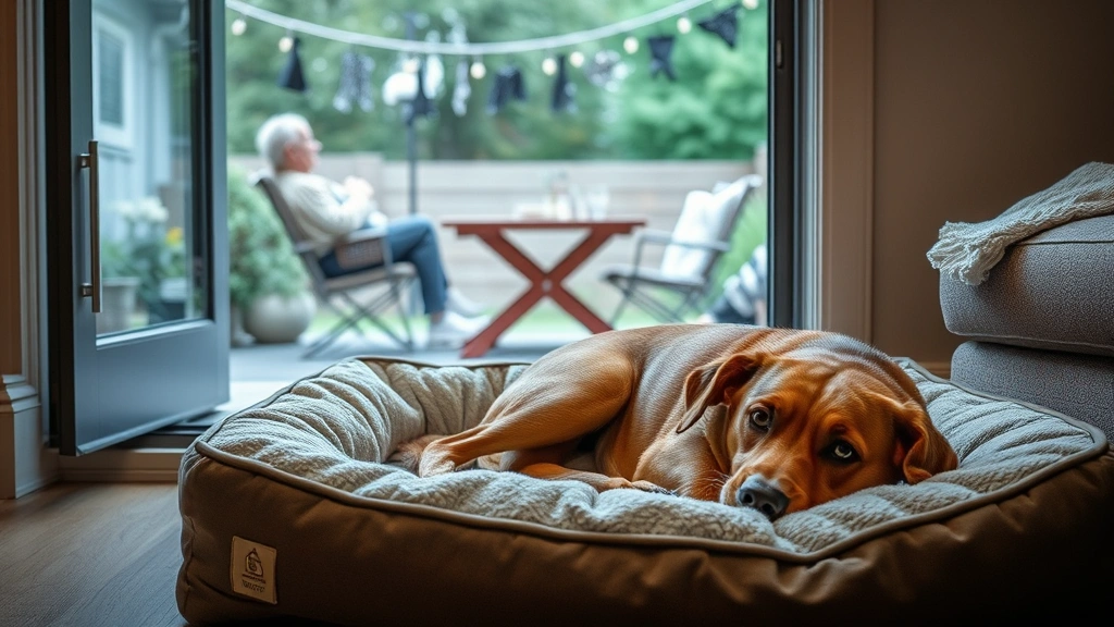 Brown dog resting on a dog bed indoors during a backyard gathering visible through window, comfortable and safe environment
