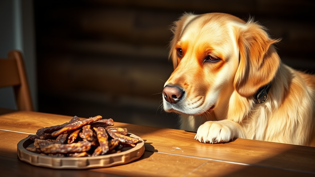 Golden retriever looking at beef jerky on wooden table, natural lighting, no text no words no letters