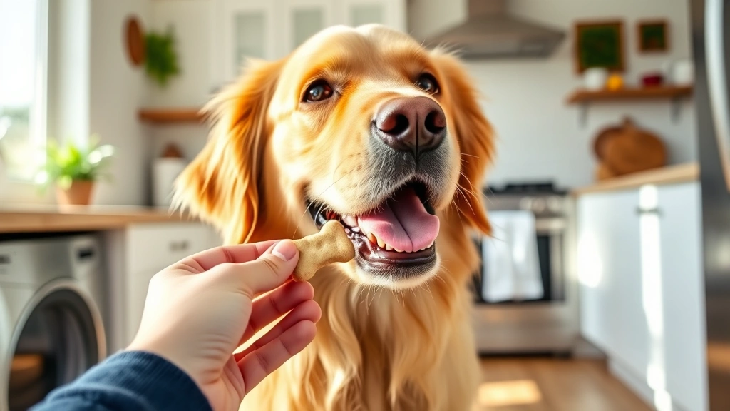 Golden retriever happily eating a plain dog biscuit treat from someone's hand in a bright, sunny kitchen