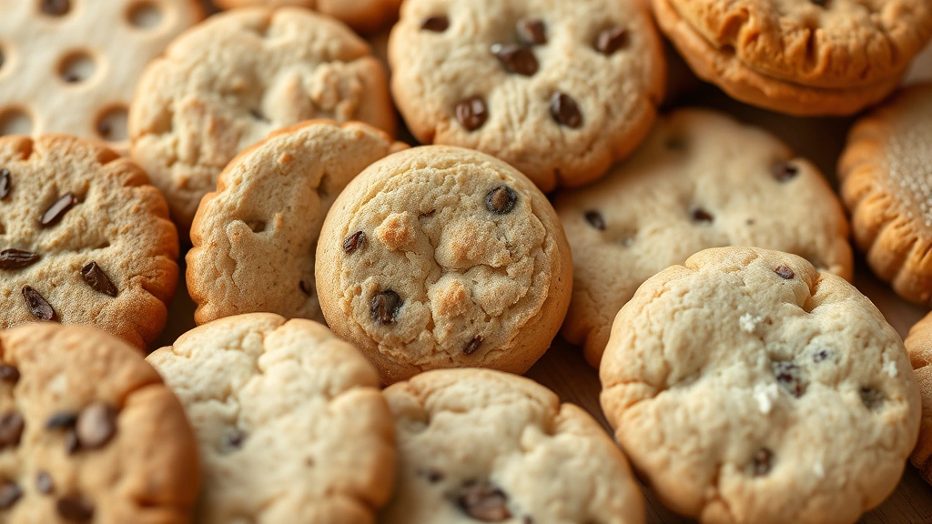 Close-up of various biscuits arranged on a wooden surface showing different types and textures without any text