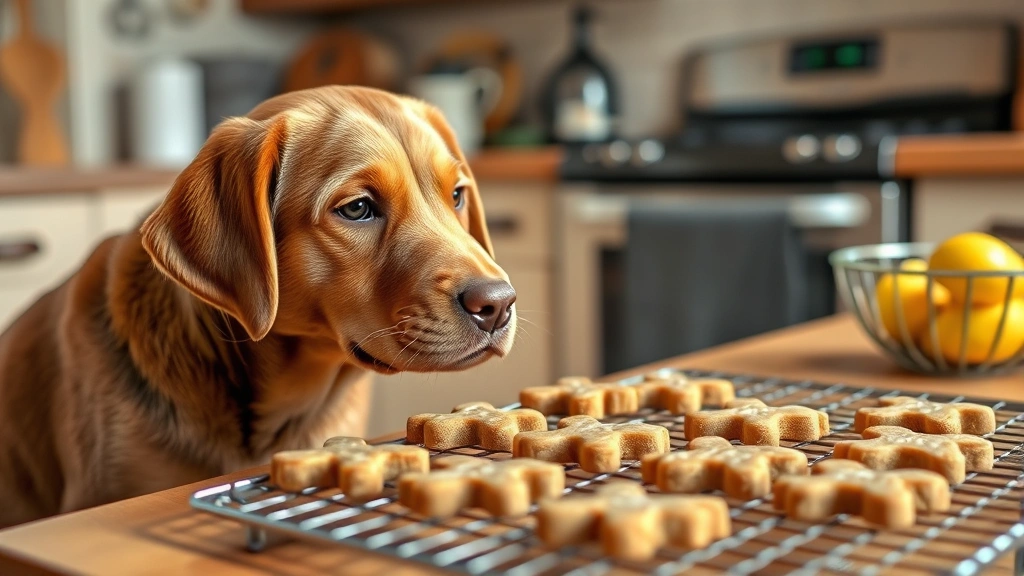 Labrador puppy looking at freshly baked homemade dog treats cooling on a wire rack in a cozy kitchen setting