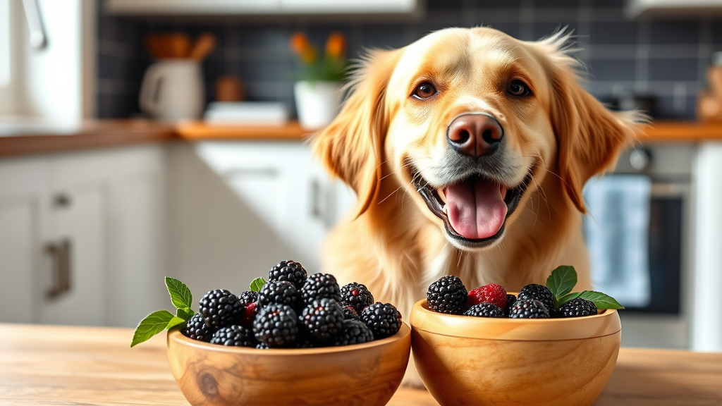 Happy golden retriever dog sitting next to fresh blackberries in wooden bowl, bright kitchen background, natural lighting, no text no words no letters