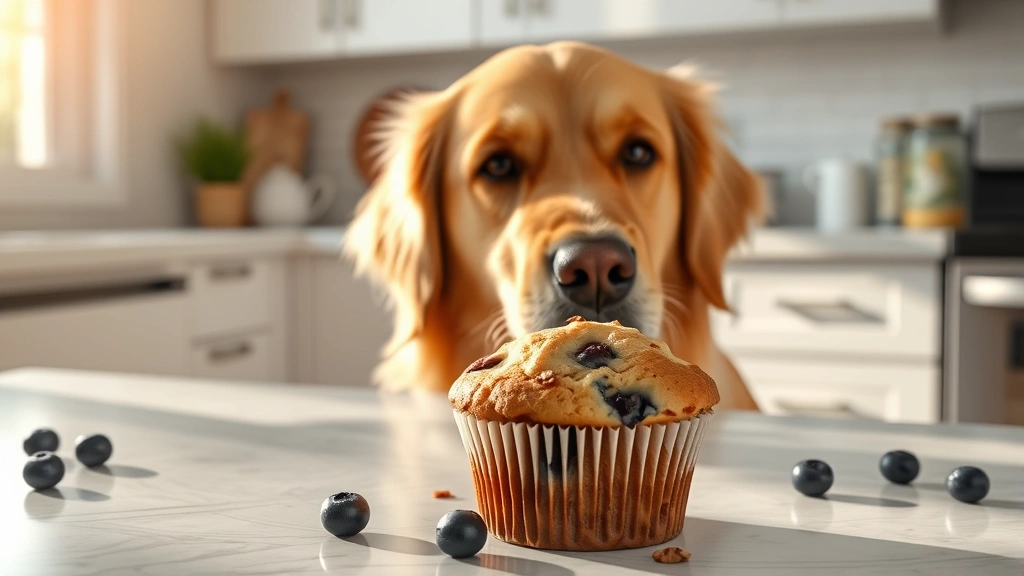 Golden retriever looking at a freshly baked blueberry muffin on a kitchen counter with morning sunlight, photorealistic style