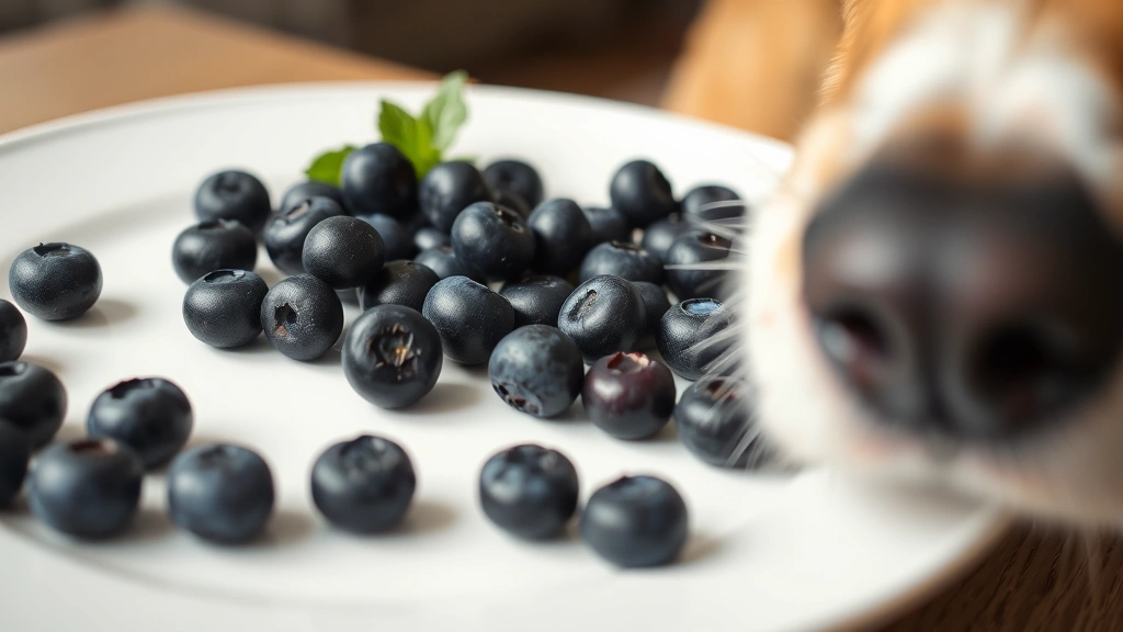 Close-up of fresh blueberries scattered on a white ceramic plate with a dog's nose approaching from the side, photorealistic