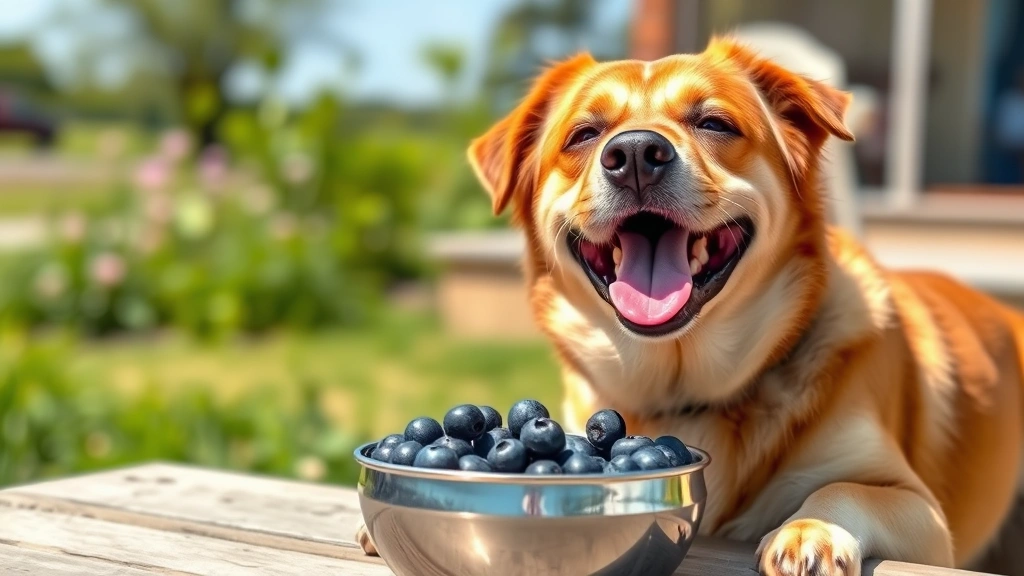 Happy medium-sized dog enjoying frozen blueberries from a stainless steel bowl outdoors on a sunny day, photorealistic style