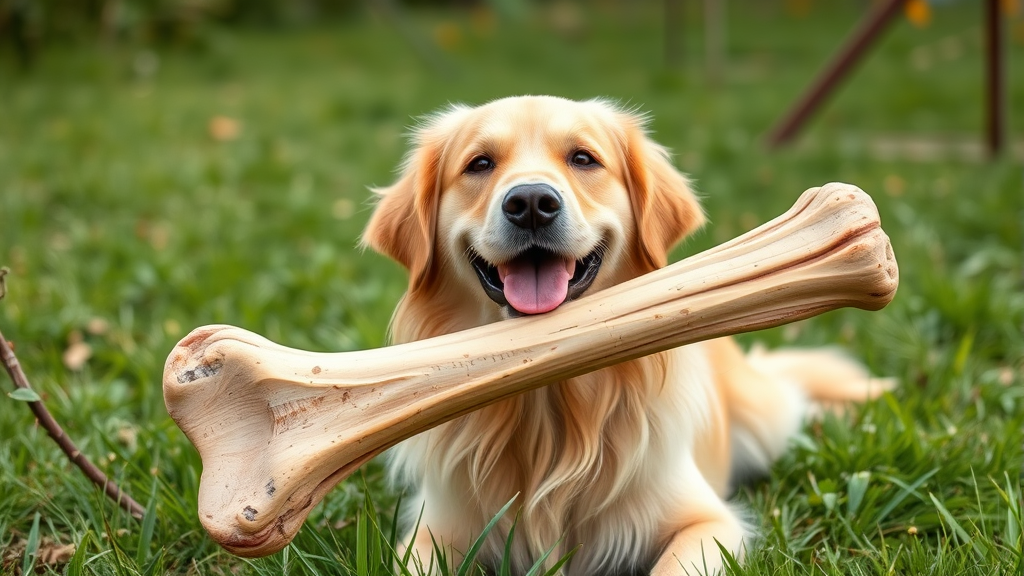 Happy golden retriever with large raw bone in grassy yard, natural lighting, no text no words no letters