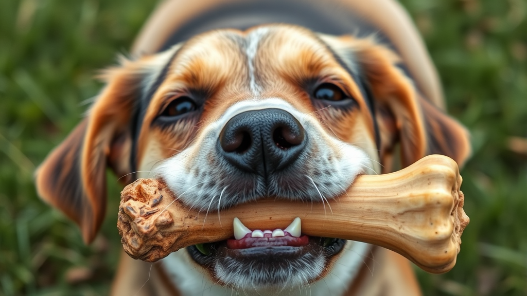 Close up of dog carefully supervised while chewing appropriate sized bone, no text no words no letters