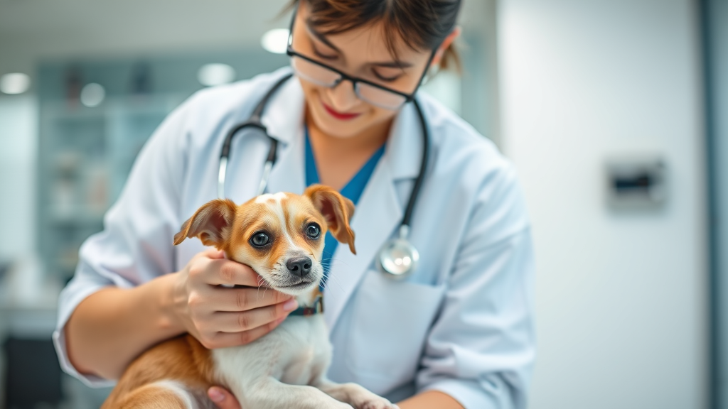 Veterinarian examining small dog with stethoscope in modern clinic setting no text no words no letters