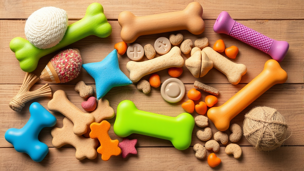 Variety of safe dog chew toys and treats arranged on wooden surface no text no words no letters