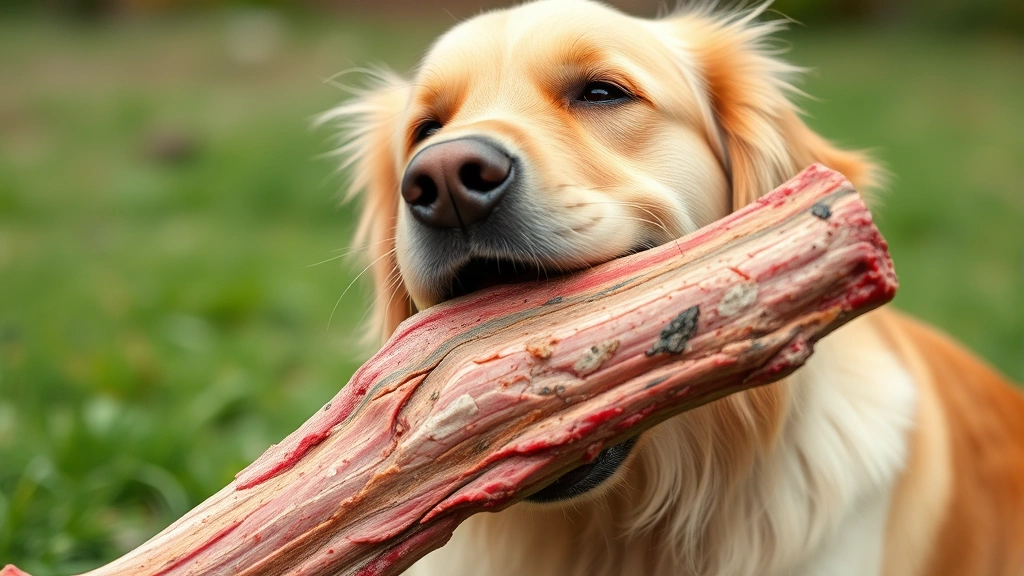 Golden retriever dog gnawing on large raw meaty bone, natural lighting, outdoor setting, happy expression