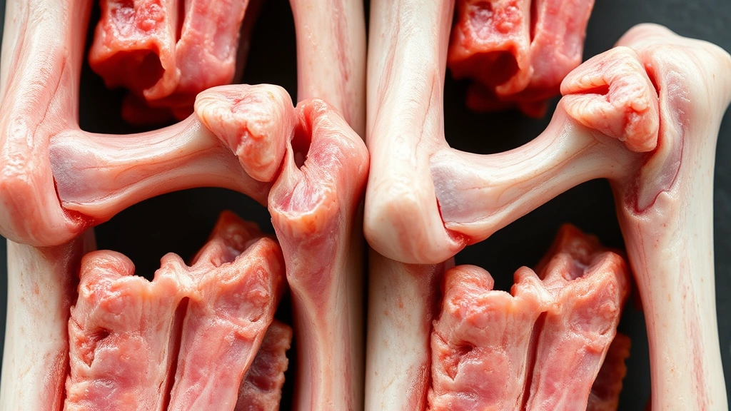 Close-up of raw and cooked pork bones side by side showing structural differences and brittleness