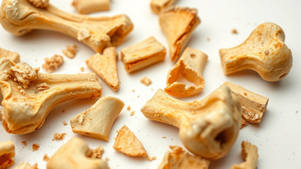 Close-up of cooked bone fragments on white surface, showing splintered edges and breaks, veterinary educational style