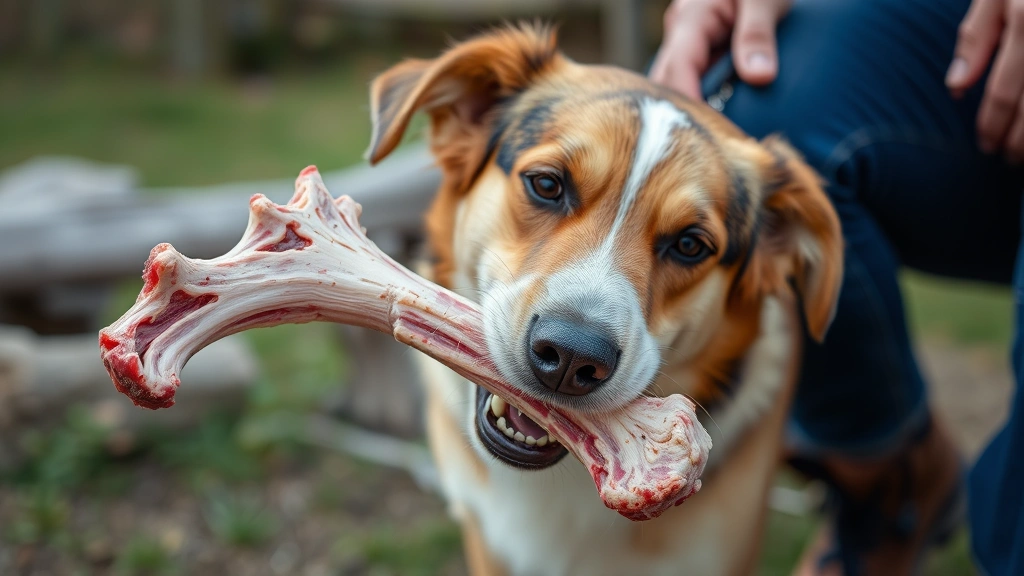 Dog safely chewing on appropriate sized raw meaty bone under supervision in outdoor setting