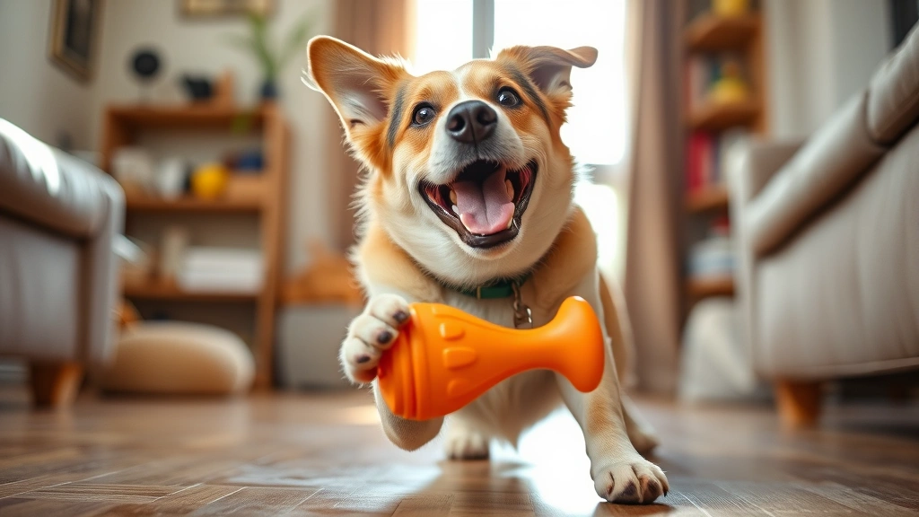 Happy dog playing with safe alternative toy, Kong or rubber chew toy, bright playful atmosphere, indoor home setting