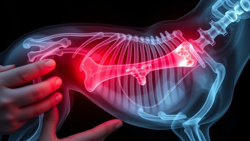 Veterinary examination showing X-ray of dog digestive tract with bone fragment blockage illustration