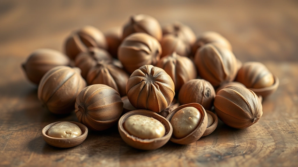 Close-up of brazil nuts in natural lighting, arranged on wooden surface, studio photography