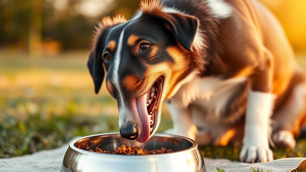 Healthy dog eating from bowl, happy expression, natural outdoor setting, golden hour lighting