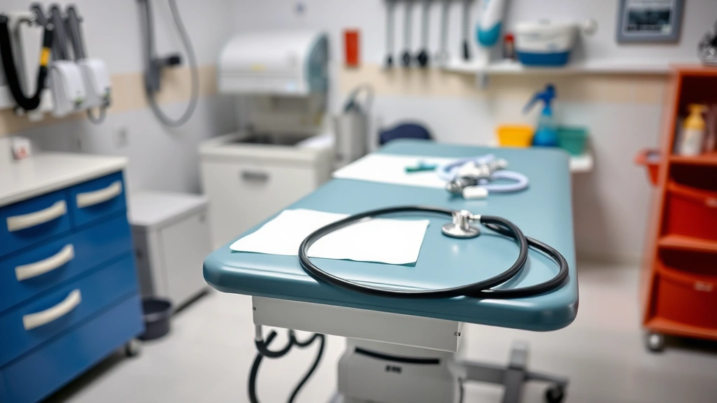 Veterinary examination table with stethoscope, medical supplies, professional clinic environment