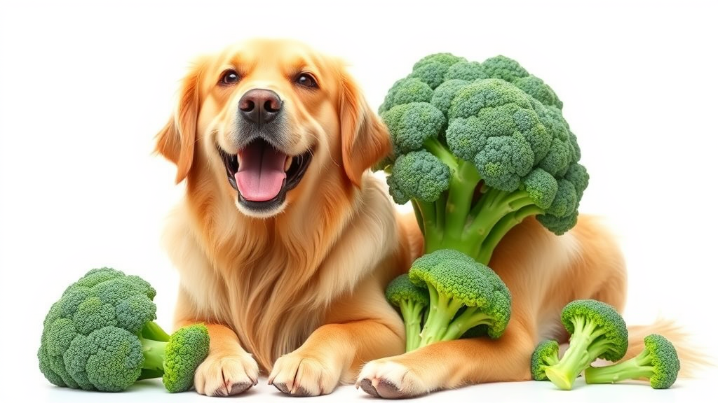 Happy golden retriever sitting next to fresh green broccoli florets on white background no text no words no letters