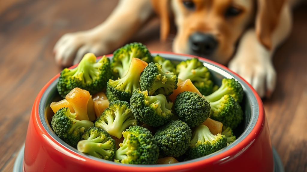 Small cooked broccoli pieces in dog bowl next to happy labrador no text no words no letters