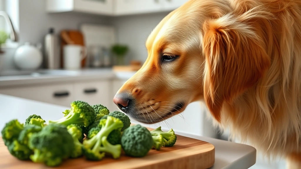 Golden retriever sniffing fresh broccoli florets on a wooden cutting board in a bright kitchen, curious and interested in the green vegetable