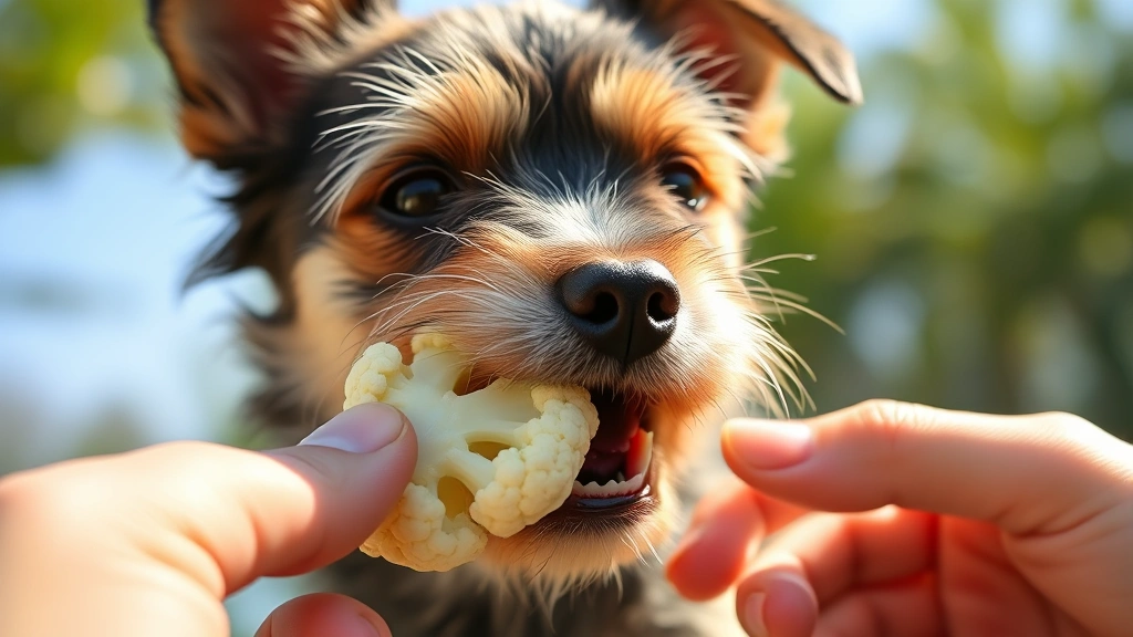 Close-up of a small terrier dog gently eating raw cauliflower floret from a person's hand outdoors in natural sunlight