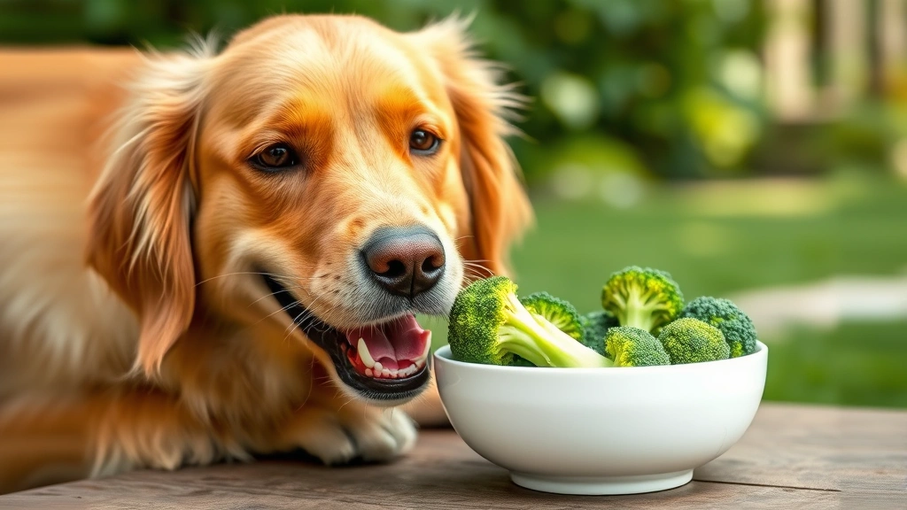 Golden retriever dog eating fresh green broccoli florets from a white ceramic bowl, happy expression, natural lighting, garden background
