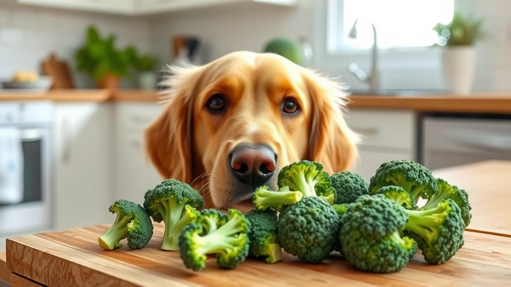 Golden retriever dog looking at fresh broccoli florets on wooden cutting board in bright kitchen