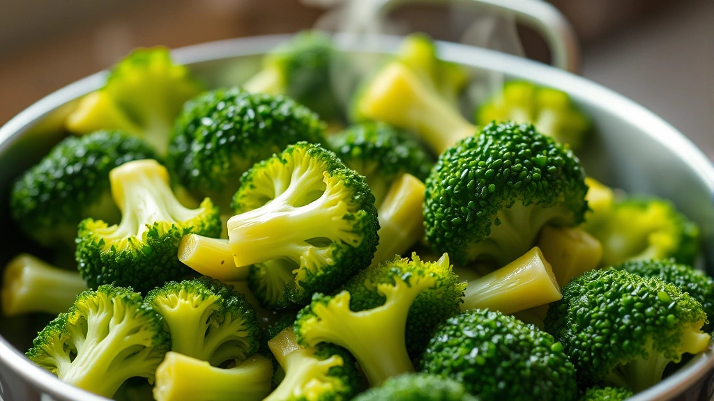 Close-up of steamed broccoli pieces in stainless steel bowl with steam rising, natural lighting