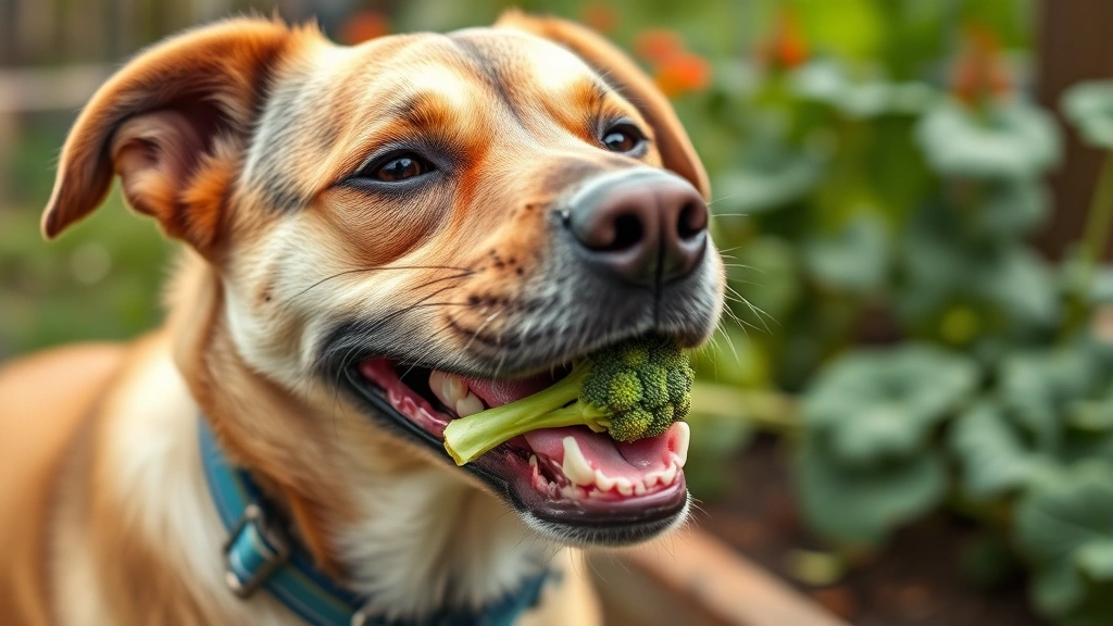 Happy dog enjoying small broccoli floret treat outdoors in garden setting with vegetables blurred background
