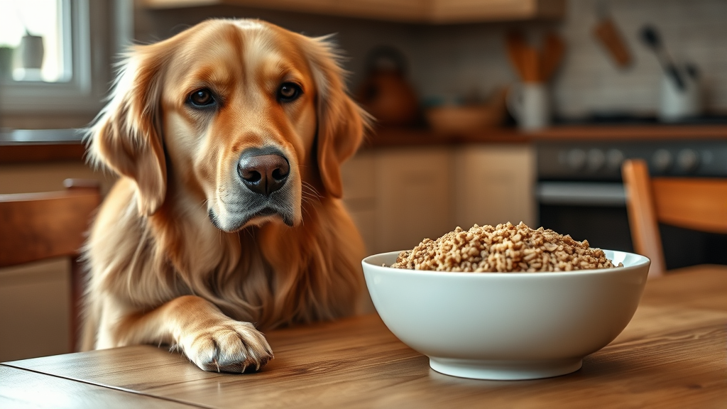 Golden retriever sitting next to bowl of brown rice on wooden table, warm kitchen lighting, no text no words no letters
