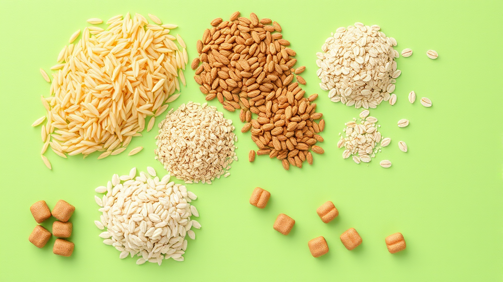 Various healthy grains including brown rice quinoa oats displayed with dog food kibble, nutritional comparison layout, no text no words no letters