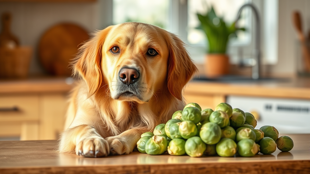 Golden retriever sitting next to fresh Brussels sprouts on kitchen counter, natural lighting, warm atmosphere, no text no words no letters