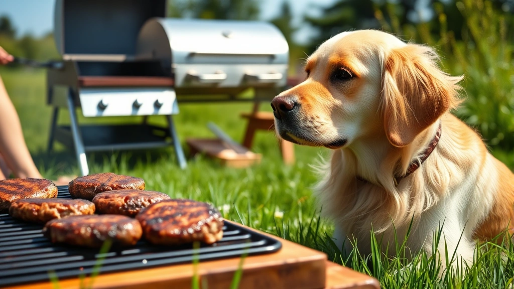 Golden retriever sitting in grass looking at grilled hamburger patties on a picnic table, curious expression, sunny outdoor barbecue setting