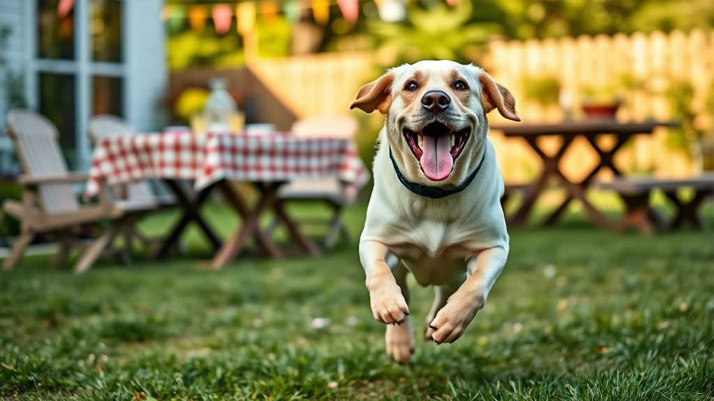 Happy Labrador running in backyard during summer barbecue with picnic table in soft focus background, joyful and playful pose