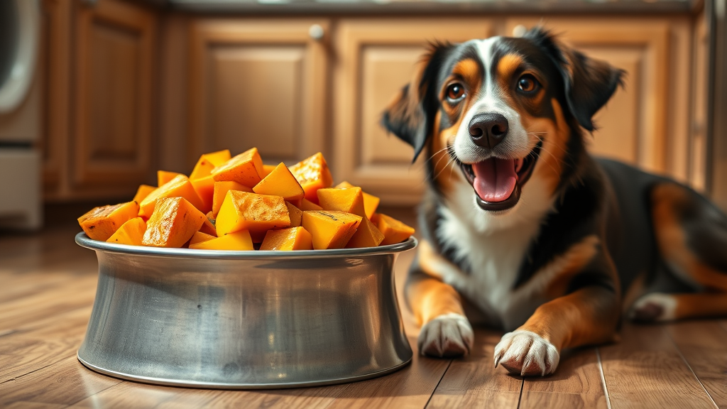 Cubed cooked butternut squash pieces in dog bowl with happy dog nearby, warm kitchen setting, no text no words no letters