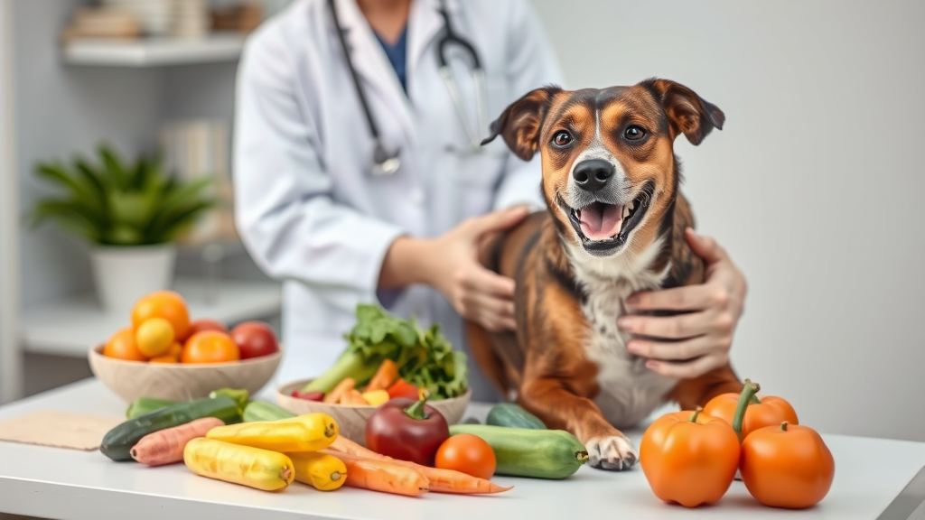 Veterinarian examining healthy dog with various safe vegetables displayed on examination table, professional setting, no text no words no letters